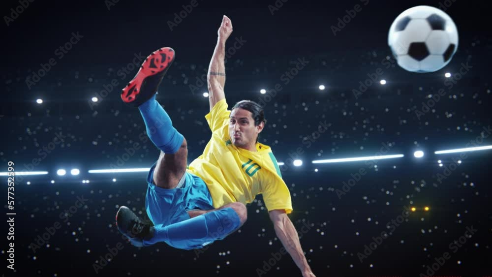 Aesthetic Shot Of Athletic Hispanic Soccer Football Player Doing An Overhead Kick on Black Background Under Spotlight. Cinematic Super Slowmotion Captures Professional Sportsman Scoring a Winning Goal