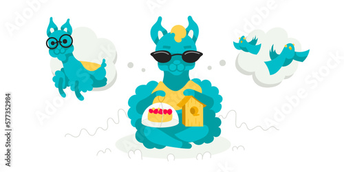 Set of stickers with lama vector character in cartoon flat style.