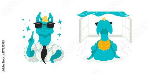 Vector character Lama pronounces instruction. Lama looks out the window.