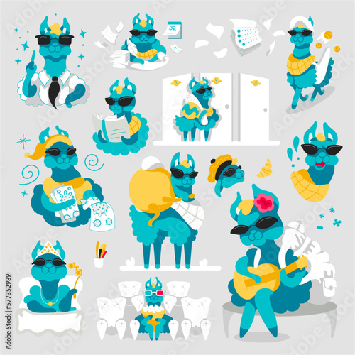 Set of stickers with lama vector character in cartoon flat style.