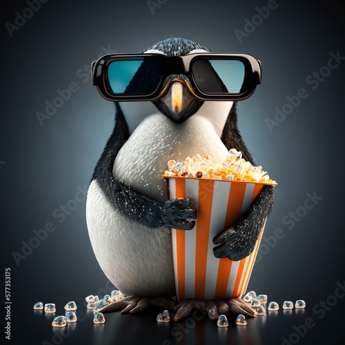 penguin in 3d glasses in the cinema, with big popcorn in free background