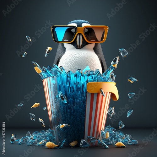 penguin in 3d glasses in the cinema, with big popcorn in free background