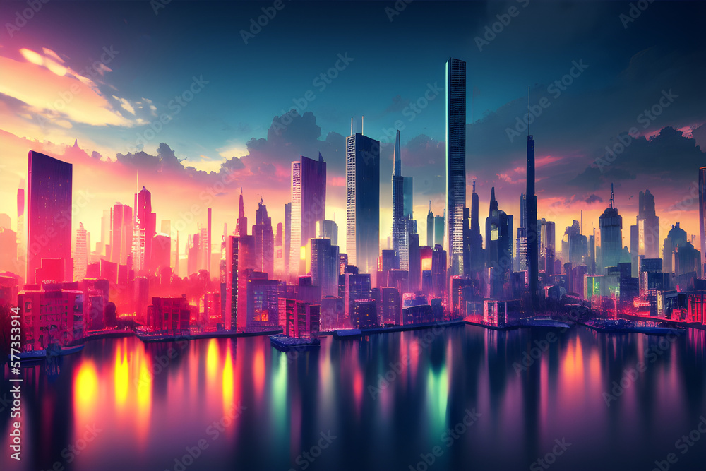 AI Digital Illustration Colourful Cityscape Skyline