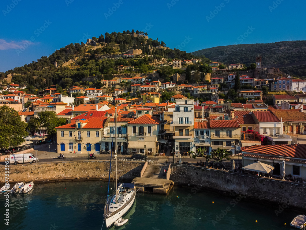 Aerial view Nafpaktos city and port by drone. Summer Greece. Panorama.