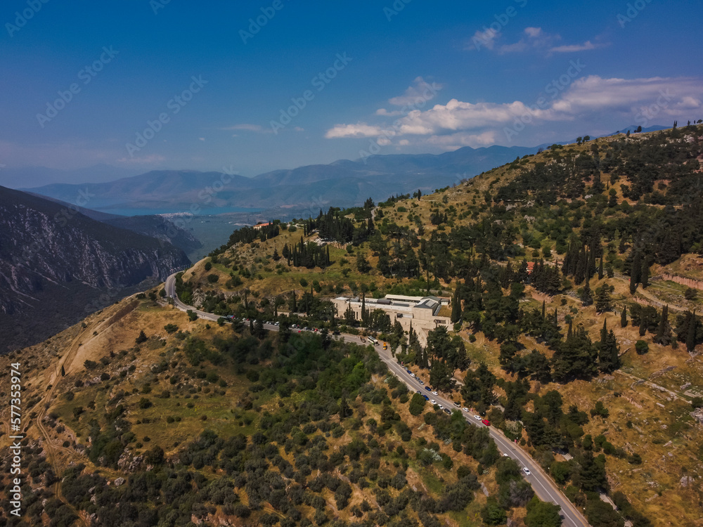 Aerial view Pythia Delphi Ancient by drone. Summer Greece. Panorama.