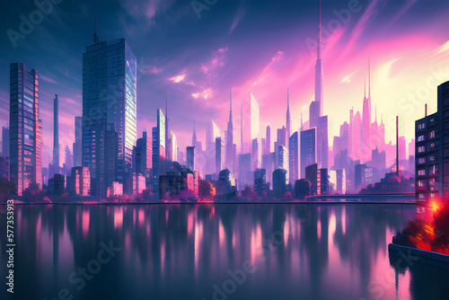 AI Digital Illustration Colourful Cityscape Skyline