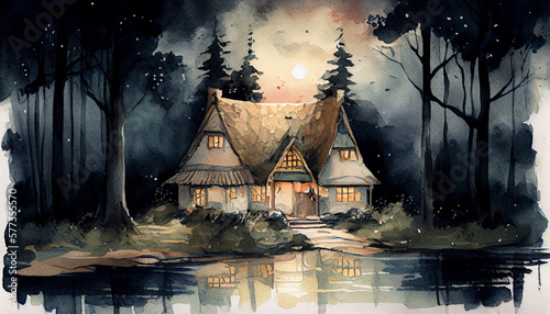 Wooden cottage in a forest, generative ai illustration
