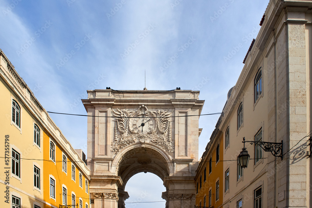 Triumphal arch in Lisbon, Portugal. Architectural landmark.
