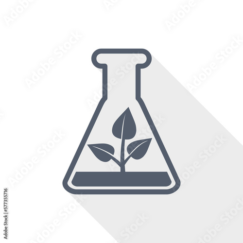 Laboratory flask with plant vector icon, biotechnology concept flat design illustration