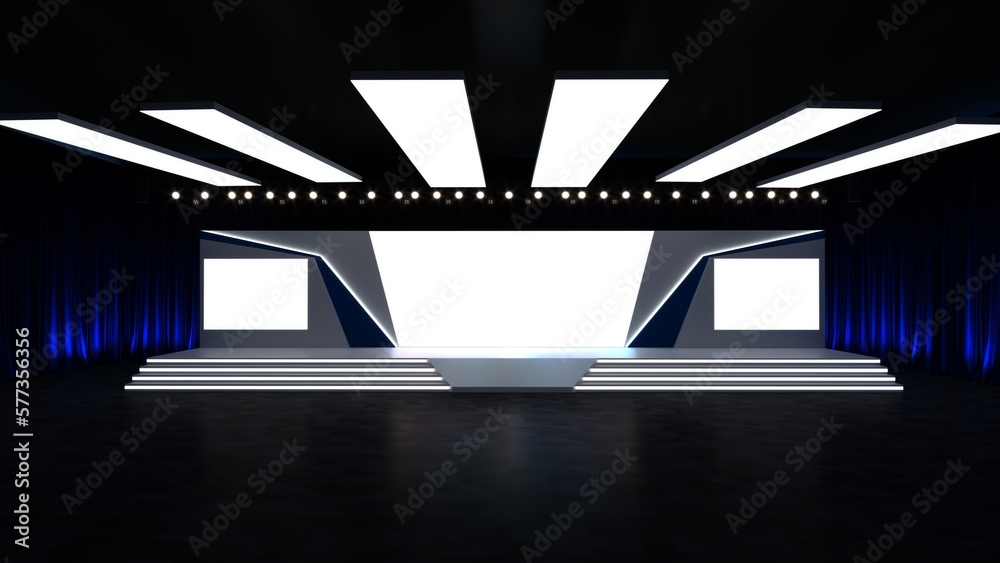 Conference Stage Designs. Meeting event scene party scene design. Empty stage design for mockup and corporate identity display. Platform elements in hall. Stock Adobe Stock
