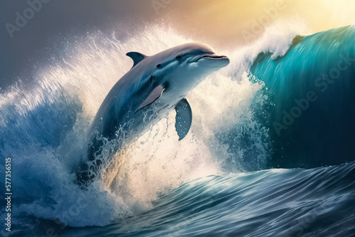 Fototapeta Beautiful bottlenose Dolphin jumping over breaking waves