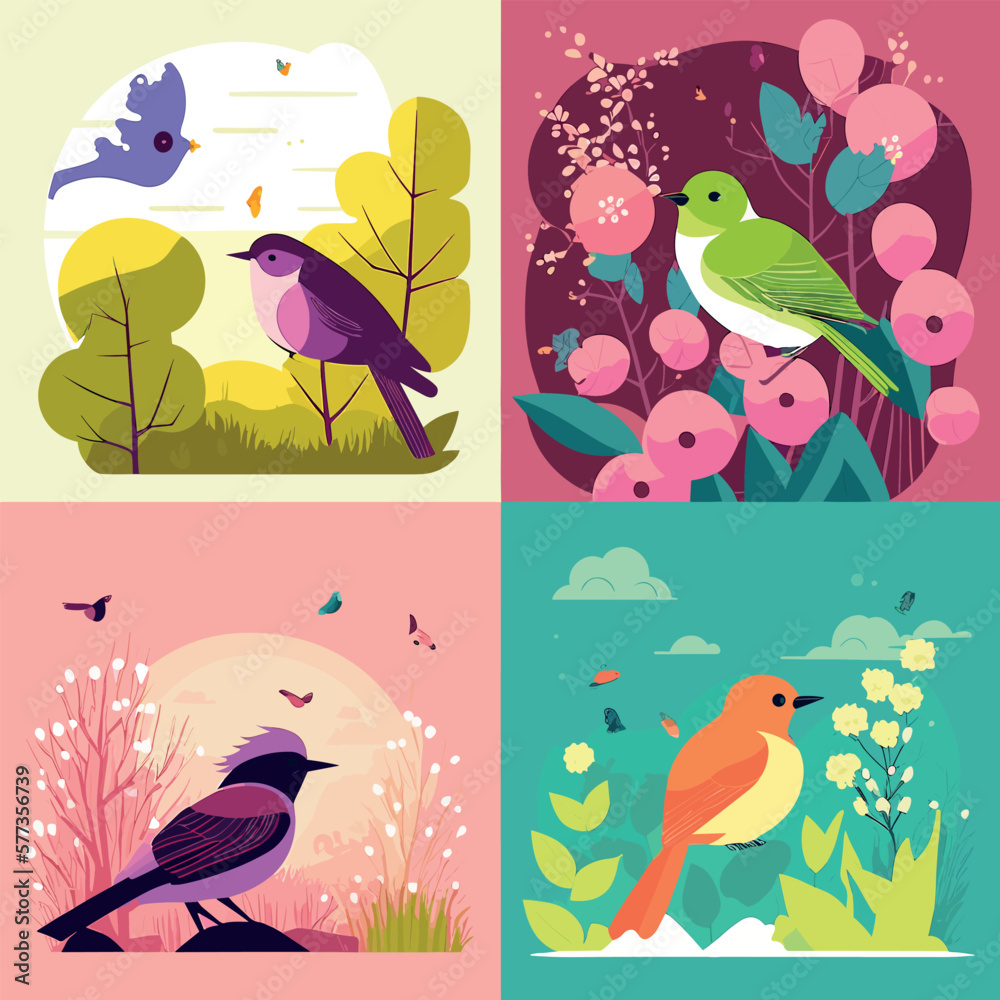 Naklejka premium Spring has come, seasonal background feeling the warmth of spring, birds, flowers, nature, season flat illustration