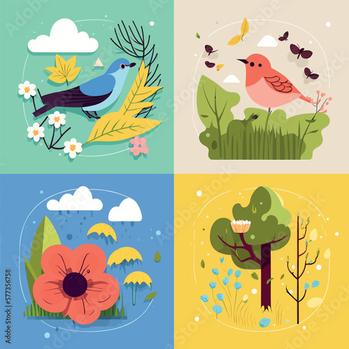 Spring has come  seasonal background feeling the warmth of spring  birds  flowers  nature  season flat illustration