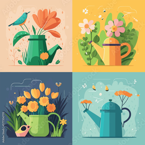 Spring has come, seasonal background feeling the warmth of spring, birds, flowers, nature, season flat illustration
