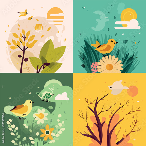 Spring has come, seasonal background feeling the warmth of spring, birds, flowers, nature, season flat illustration