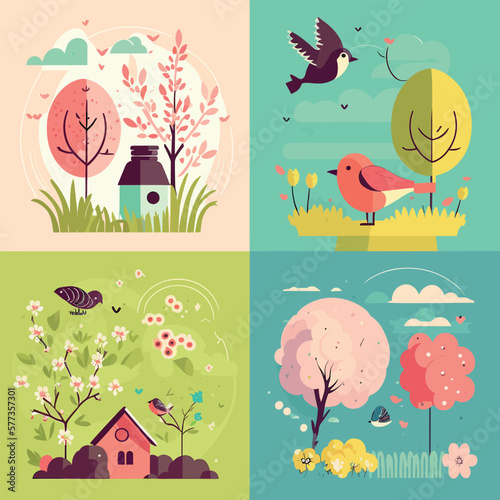 Spring has come  seasonal background feeling the warmth of spring  birds  flowers  nature  season flat illustration