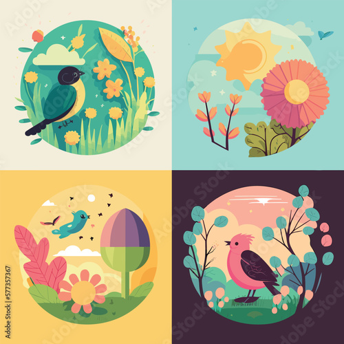 Spring has come  seasonal background feeling the warmth of spring  birds  flowers  nature  season flat illustration