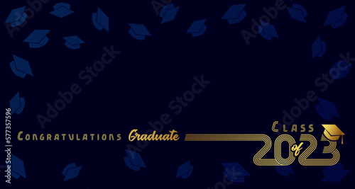 2023 Congratulation Graduate, golden line design on blue background. Class of 2023 graduation poster with gold number in academic hat.  Vector illustration