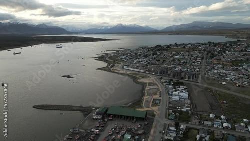 Patagonian Landscape City of Puerto Natales Chile, Aerial Drone Above Coast Water City Architecture and Scenic Skyline photo