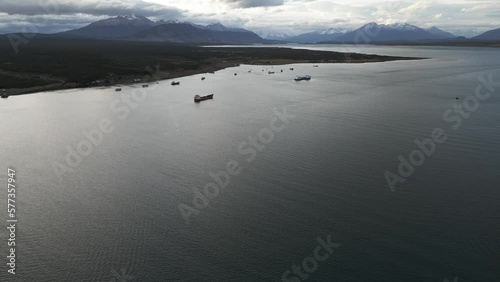 Aerial Drone Fly Above Puerto Natales Water Coast Antarctic Chilean Region Landscape of Dreamy South Calm Patagonia photo