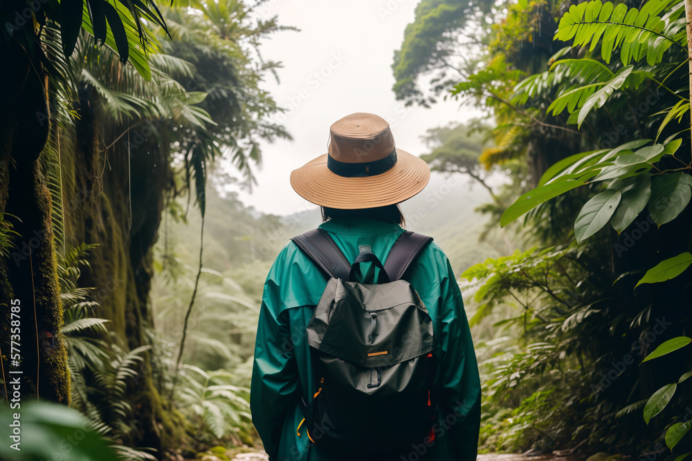 A woman traveler in a straw hat, a green raincoat and a black backpack is walking along the paths in the tropical jungle. Generative AI
