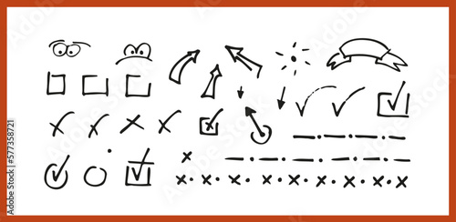 Super set of hand drawn check mark with various arrows, lines and shapes. Scribble. Hand drawn icon set vol 10. Vector illustration
