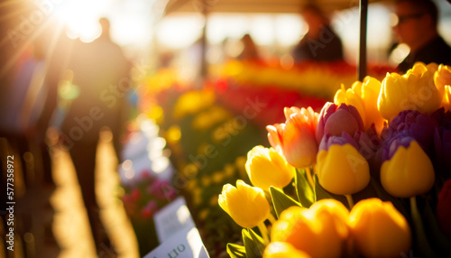 Beautiful Spring Flowers In Rows in a Farmer Market  on a bright Spring sunny day. Call For spring- Spring its here Generative AI