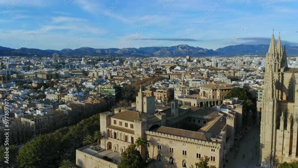 Drone sideways in Palma De Mallorca by the Cathedral. Drone sideways in Palma De Mallorca by the Cathedral.