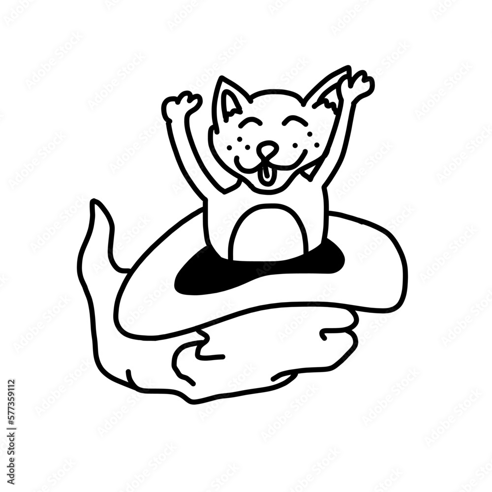 Funny cat in magic hat in cartoon hand drawn outline doodle style. Funny cat in magic hat in cartoon hand drawn outline doodle style.