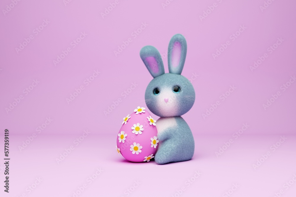 Fototapeta premium Easter cute Bunny with egg on light pink background. 3d rendering