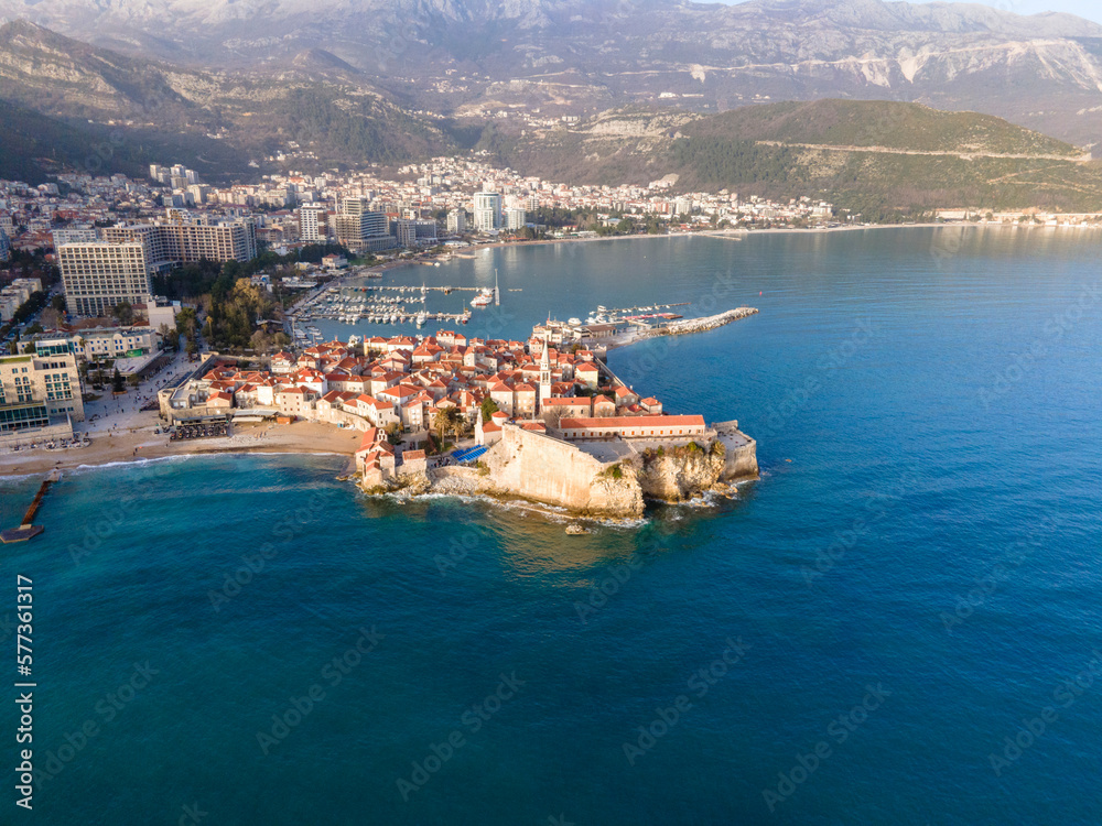 City of Budva, Montenegro. Drone view of the old city. Sunny day.