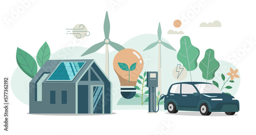 Modern ecology house and solar energy panels, Wind turbines generate electricity, Electric car charging station,
Renewable energy sources concept, Vector design illustration.