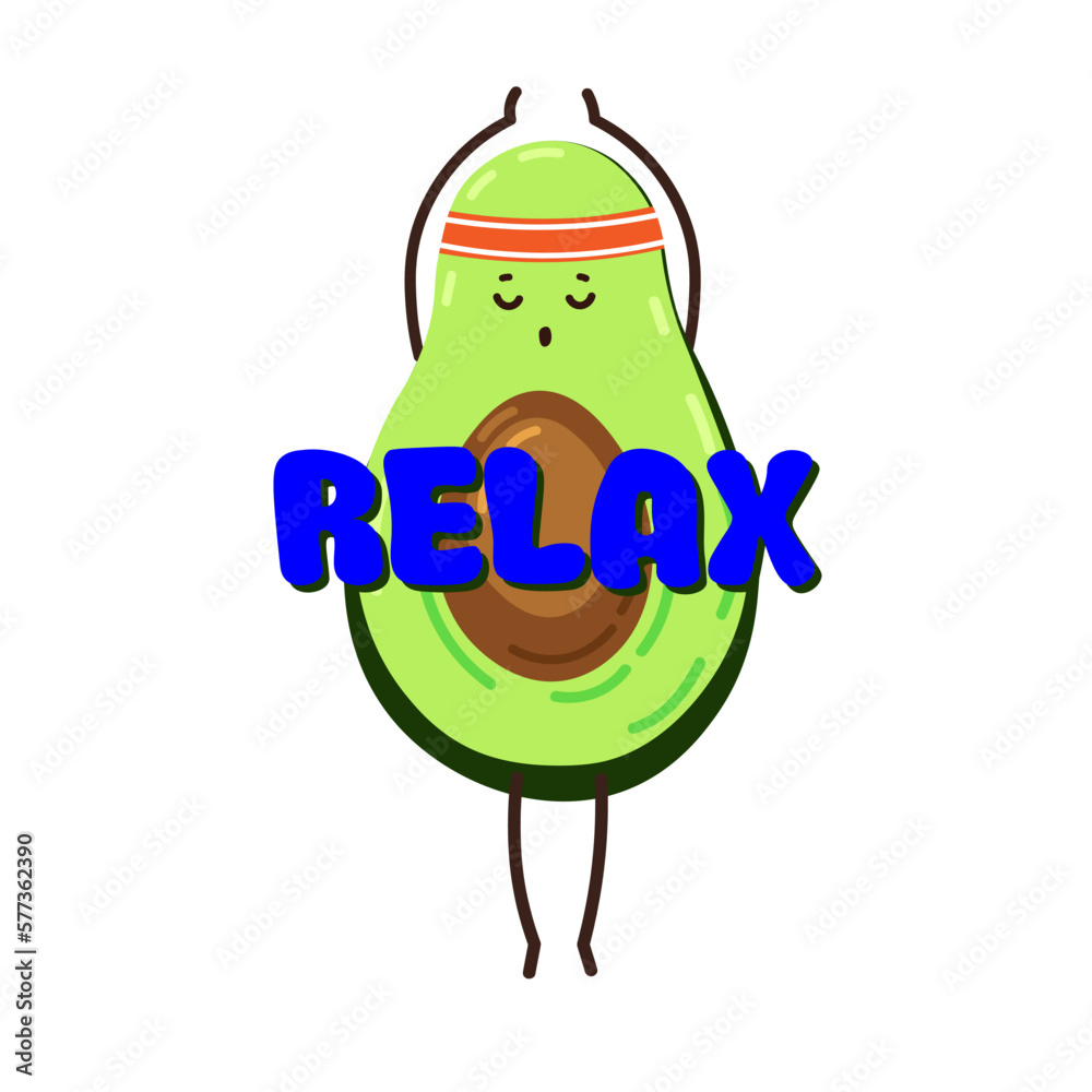 Cartoon cute and funny avocado character doing yoga. Decorative print with cute avocado for t-shirt and other design Cartoon cute and funny avocado character doing yoga. Decorative print with cute avocado for t-shirt and other design