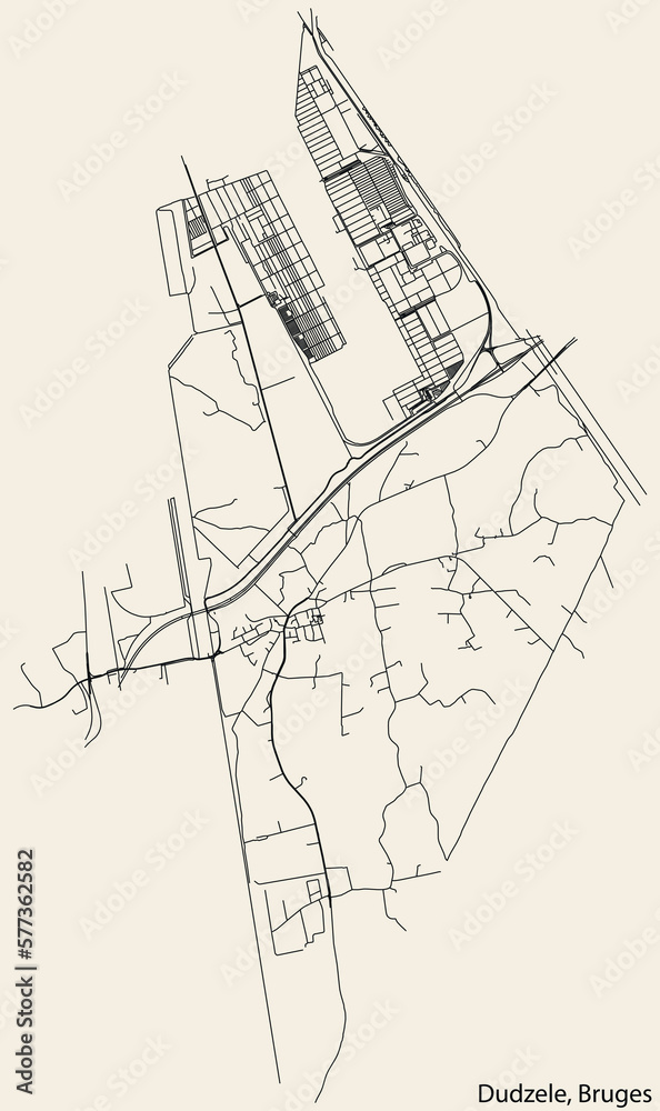 Fototapeta premium Detailed hand-drawn navigational urban street roads map of the DUDZELE SUBURB of the Belgian city of BRUGES, Belgium with vivid road lines and name tag on solid background