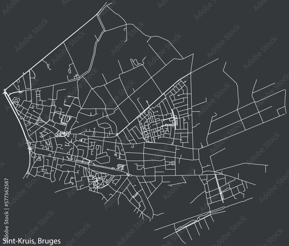 Detailed hand-drawn navigational urban street roads map of the SINT-KRUIS SUBURB of the Belgian city of BRUGES, Belgium with vivid road lines and name tag on solid background
