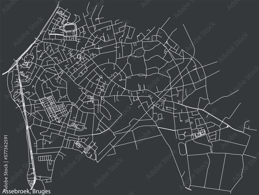 Fototapeta premium Detailed hand-drawn navigational urban street roads map of the ASSEBROEK SUBURB of the Belgian city of BRUGES, Belgium with vivid road lines and name tag on solid background