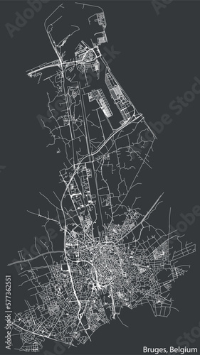 Detailed hand-drawn navigational urban street roads map of the Belgian city of BRUGES, BELGIUM with solid road lines and name tag on vintage background