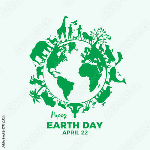 Happy Earth Day poster with animals and plants vector illustration. Green Planet Earth with fauna and flora icon. Environmental graphic design element. Wild animals silhouette vector. April 22