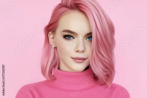 Portrait of a woman with pink hair and a pink sweater on a pink background. Generative AI