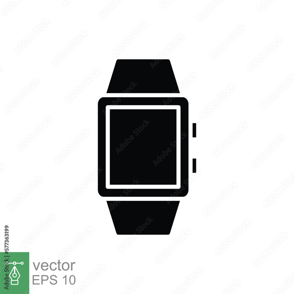 Smart watch icon. Simple glyph style. Wearable, digital clock, smartwatch technology concept. Black silhouette symbol. Vector illustration isolated on white background. EPS 10. Smart watch icon. Simple glyph style. Wearable, digital clock, smartwatch technology concept. Black silhouette symbol. Vector illustration isolated on white background. EPS 10.