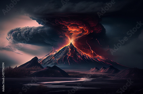 Eruption of Volcanoes. Generative AI painting