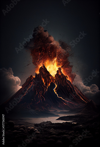 Eruption of Volcanoes. Generative AI painting
