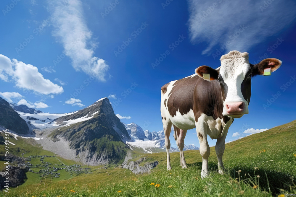 Cow grazing in an alpine meadow, Generative AI Cow grazing in an alpine meadow, Generative AI