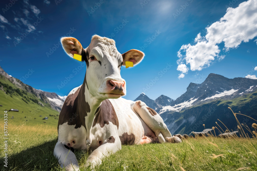 Cow grazing in an alpine meadow, Generative AI - obrazy, fototapety, plakaty 