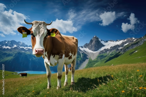 Cow grazing in an alpine meadow  Generative AI