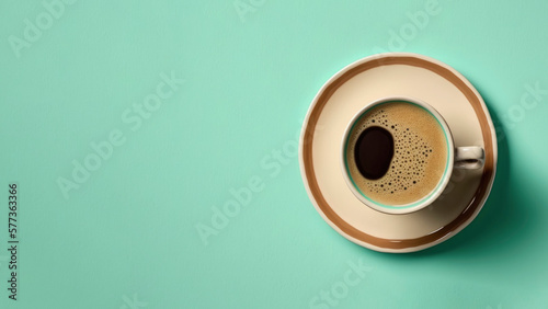 A cup of coffee on a saucer with a blue background. Generative AI