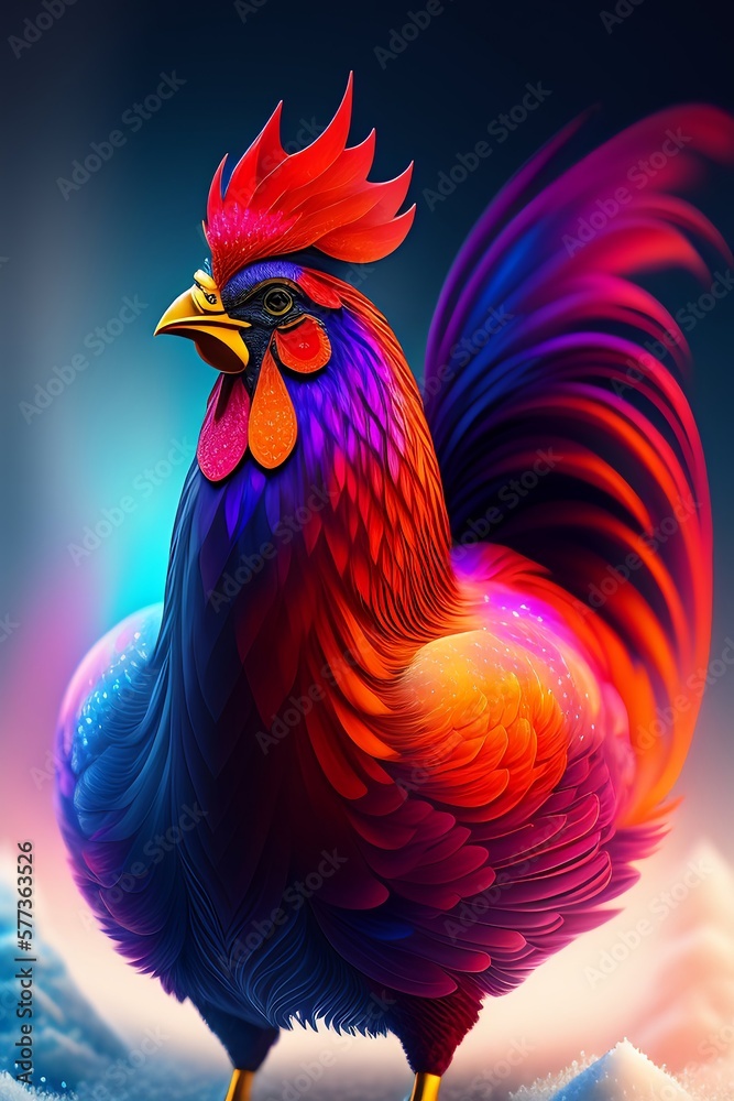 3D Rooster Colorful looking up in colorful background. 3D Illustration