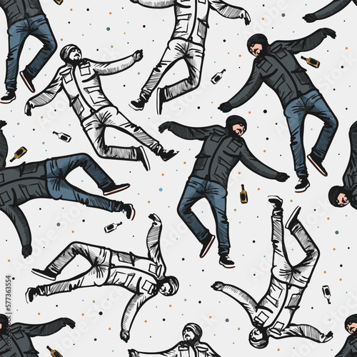 A young homeless bearded and mustachioed drunk man in a winter coat and hat lies next to a bottle of whiskey. Seamless pattern, vector illustration, top view. The concept of alcoholism. EPS 10.