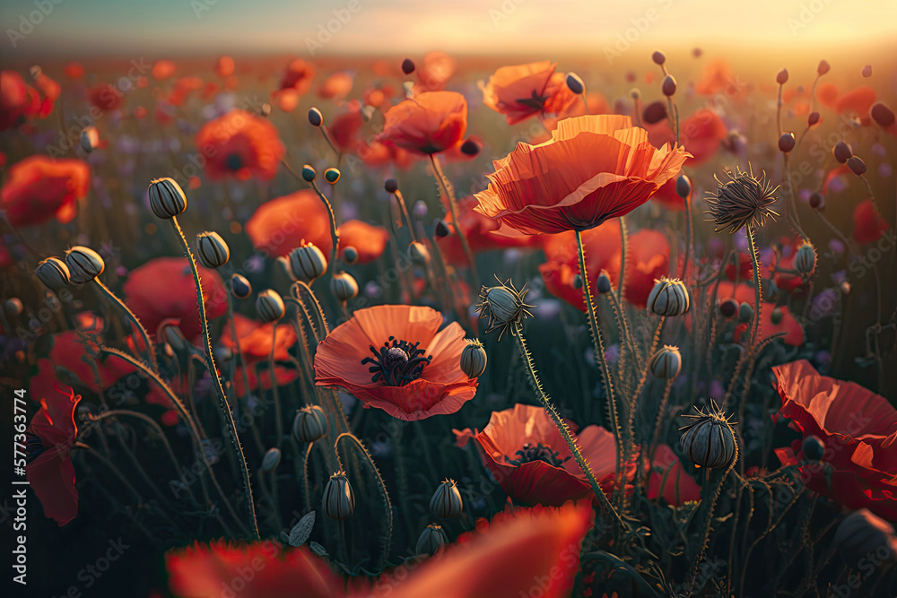 Poppy Flower Natural Background. Illustration AI Generative - obrazy, fototapety, plakaty 