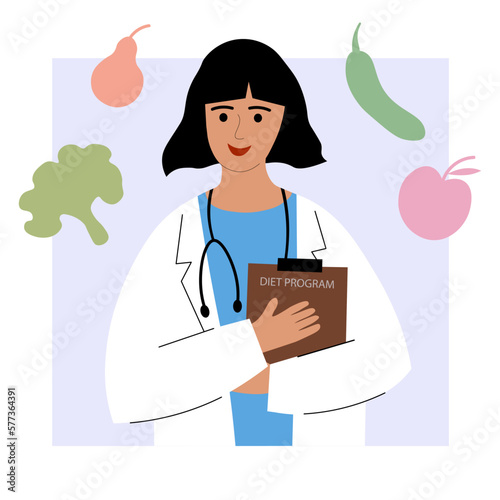 Dietitian or nutritionist. Female doctor in a medical coat with vegetables, fruits, food. Online service or platform for nutritionists. Online course. Nutrition recommendations. Flat illustration